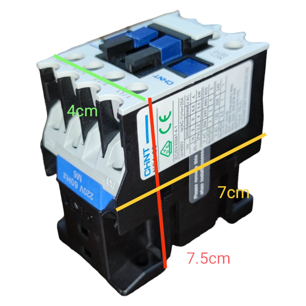Electrical component with dimensions labeled on a white background