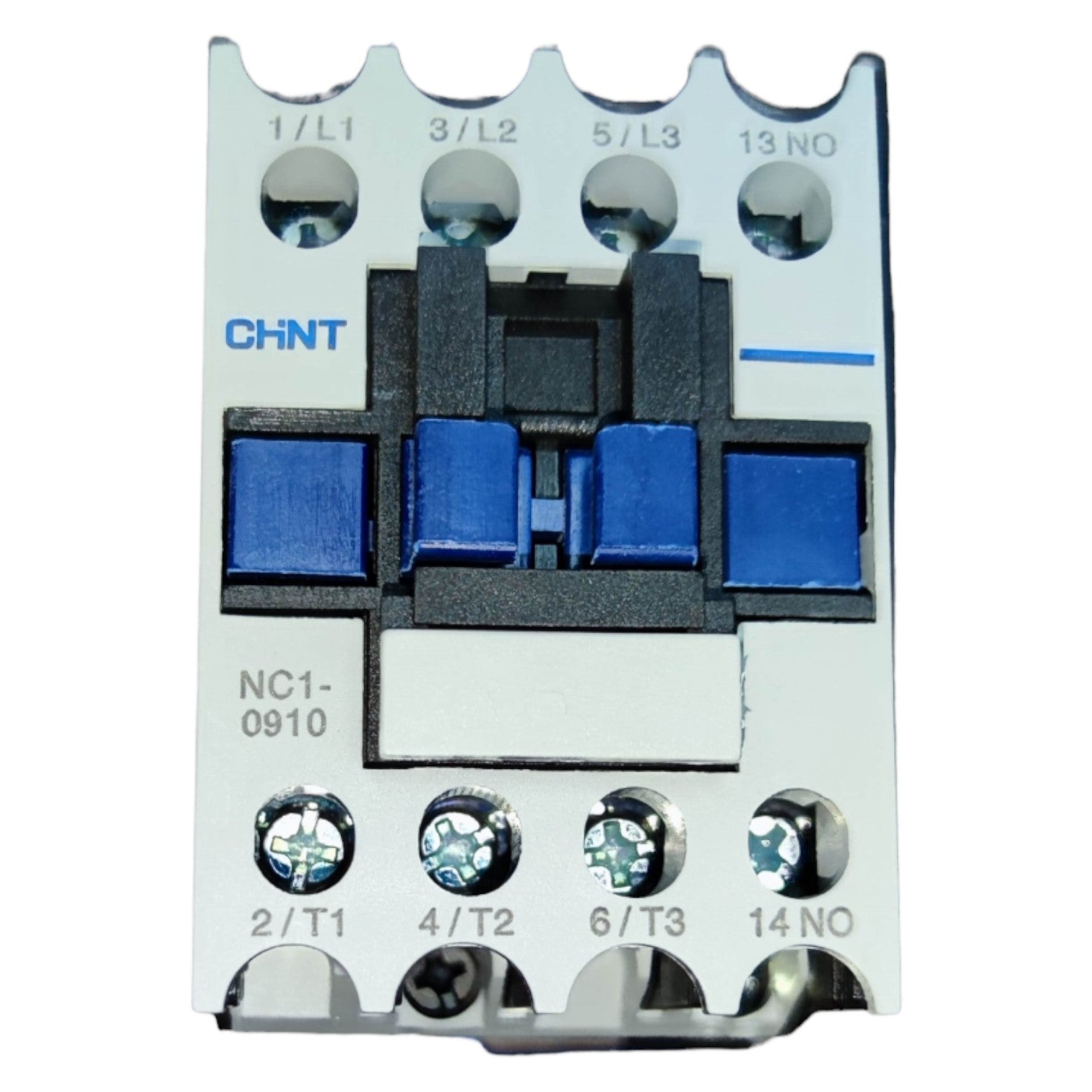 Electrical contactor component with labeled terminals on a white background