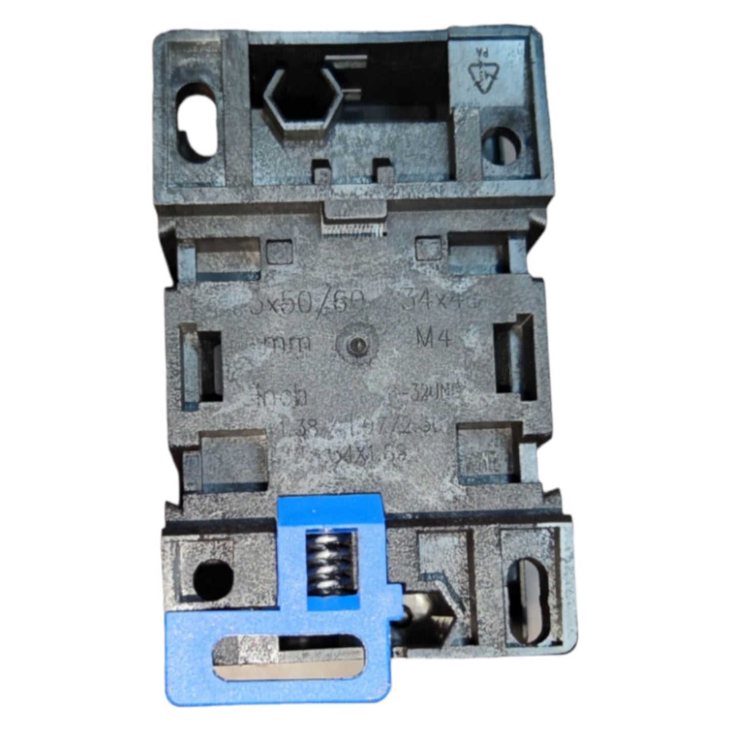 Mechanical component with text and features on a white background