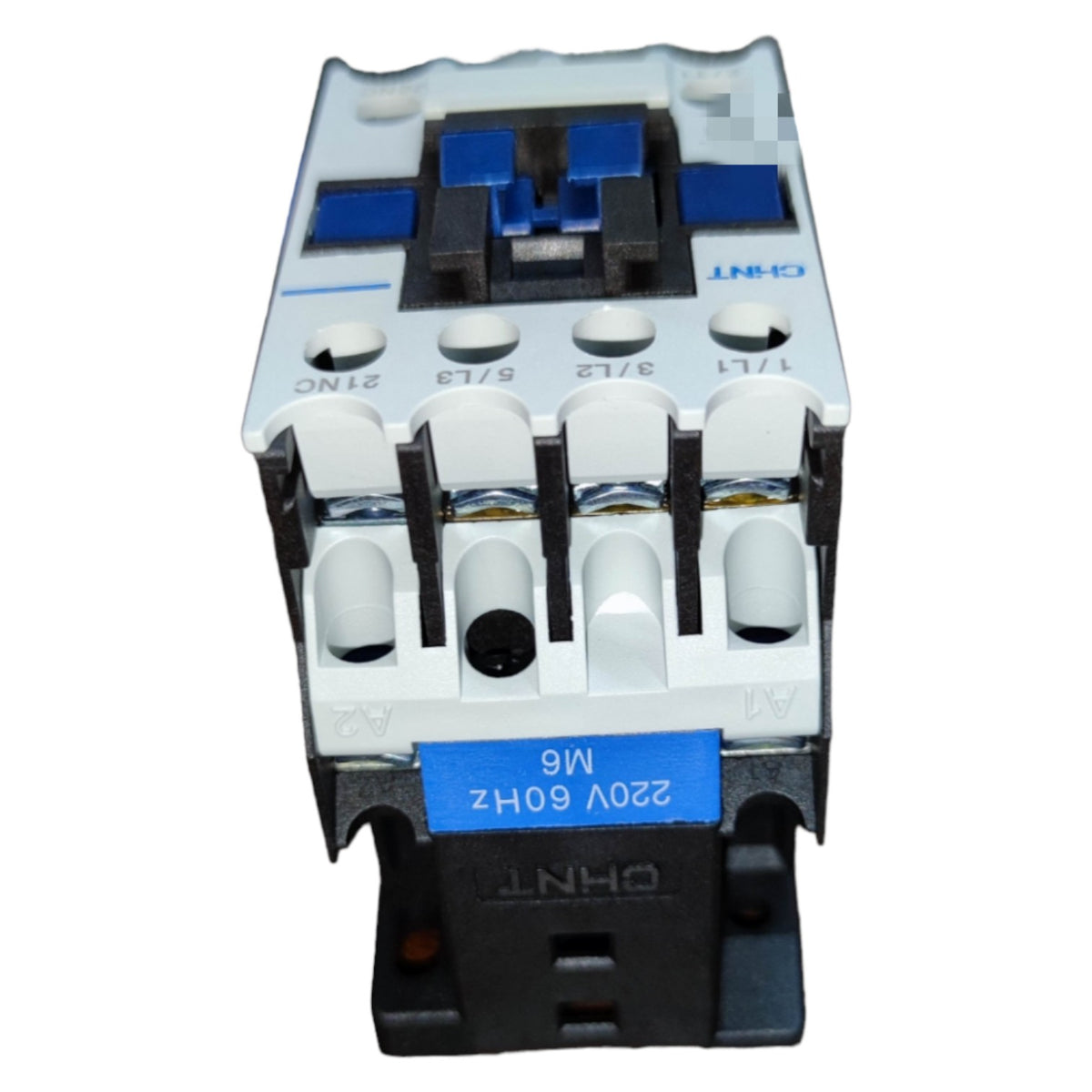 Electrical contactor with blue and black labels on a white background