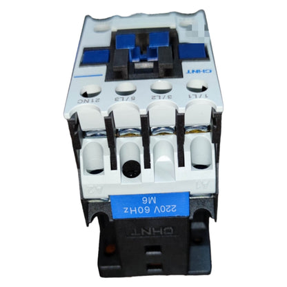 Electrical contactor with blue and black labels on a white background