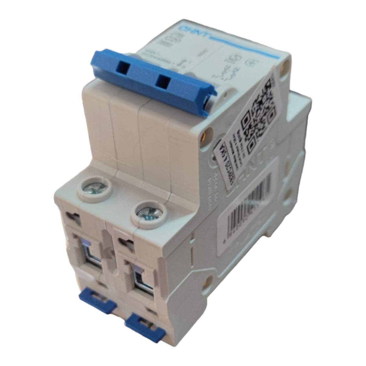 Electrical circuit breaker with blue accents on a white background