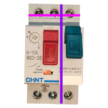 A CHINT 6-10A NS2-25 marine circuit breaker with a red OFF switch and a blue ON switch, overlaid with a purple crosshatch to highlight terminal connections.