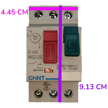 A CHINT NS2-25 electrical contactor with a red OFF button and a green ON button, shown on a white background with purple dimension lines indicating 4.45 cm width and 9.