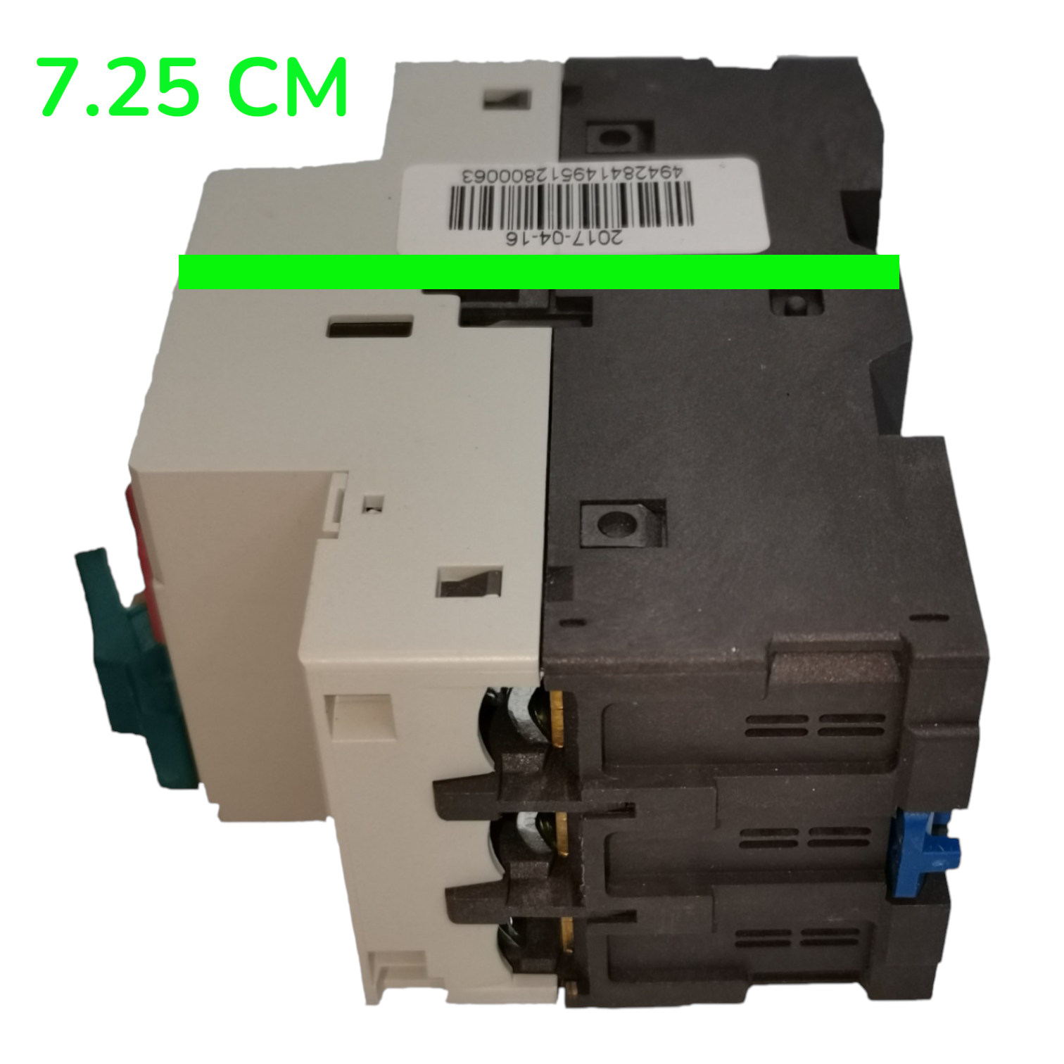A dual-color electrical contactor or relay component with a beige plastic housing on the left and a dark gray/black plastic housing on the right, shown on a white background with a green measurement overlay indicating 7.25 cm.