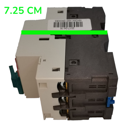 A dual-color electrical contactor or relay component with a beige plastic housing on the left and a dark gray/black plastic housing on the right, shown on a white background with a green measurement overlay indicating 7.25 cm.