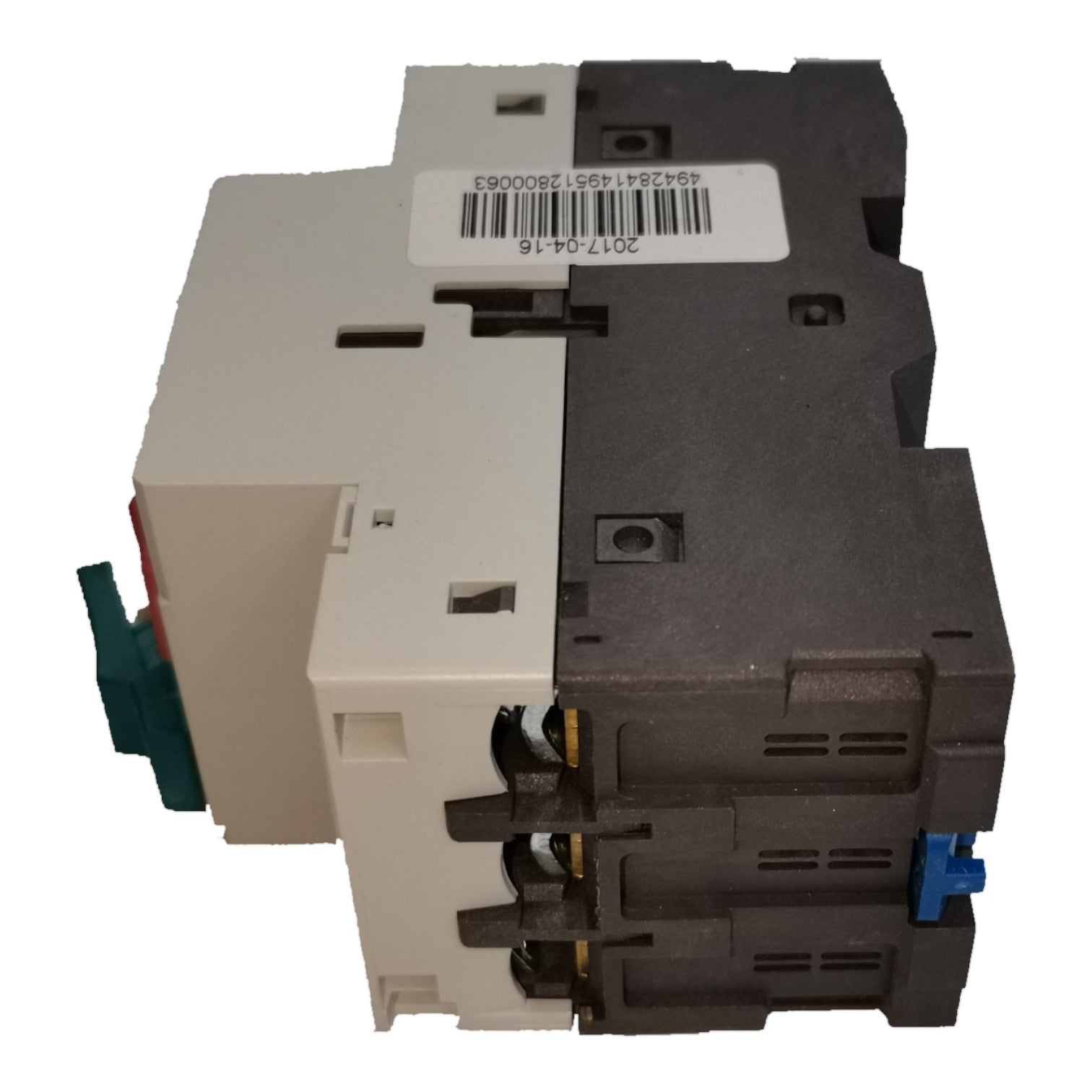 Three electrical contactors stacked on a white background with a barcode label.