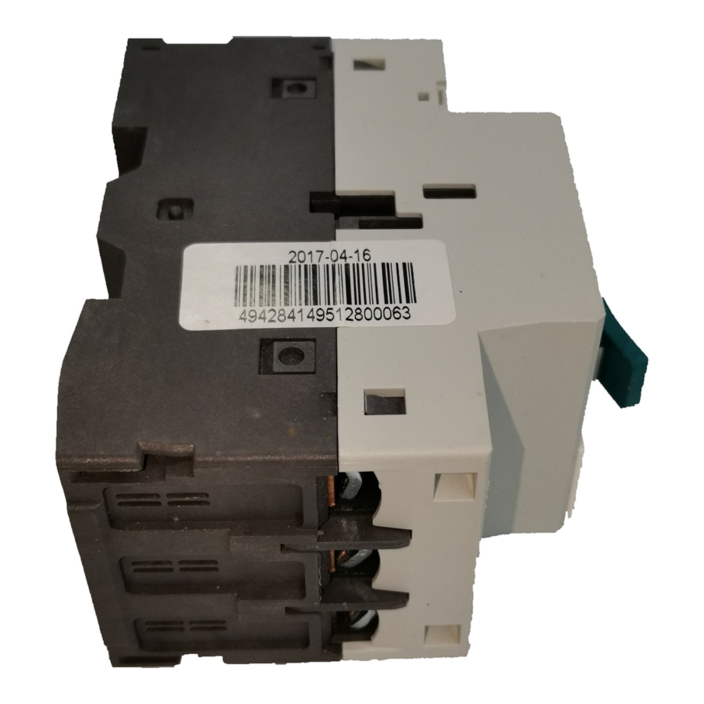 Electrical contactor with a barcode label on a white background