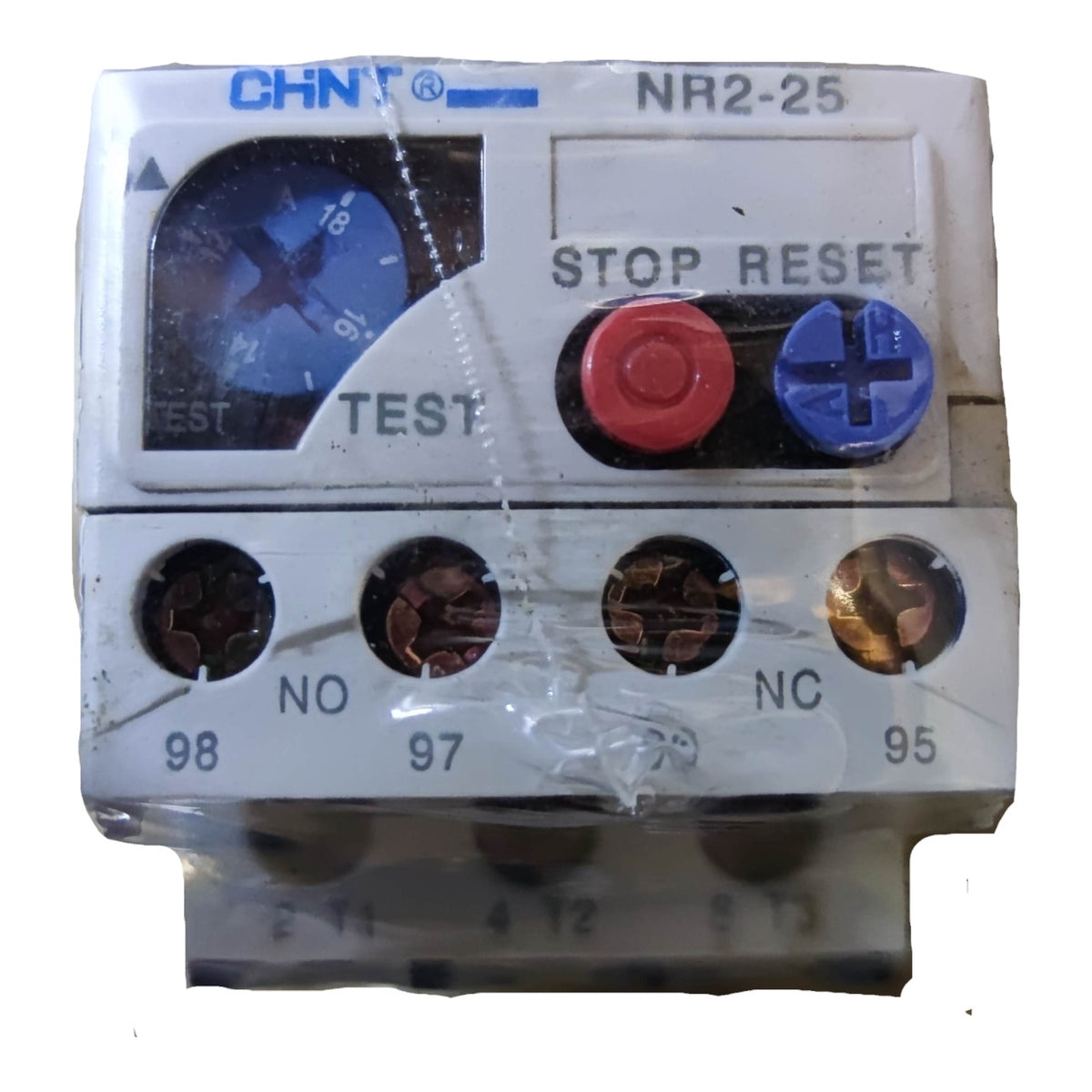 A CHNT NR2-25 electrical contact timer relay with a white plastic casing, featuring a blue test meter, red and blue reset buttons, and terminal holes labeled NO, NC, and 95. The unit is wrapped in protective clear plastic film.