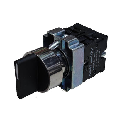A black and silver electrical push-button switch with a metal housing and printed technical specifications on the side, isolated on a white background.