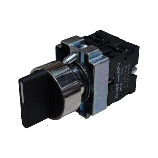 A black and silver electrical push-button switch with a metal housing and printed technical specifications on the side, isolated on a white background.