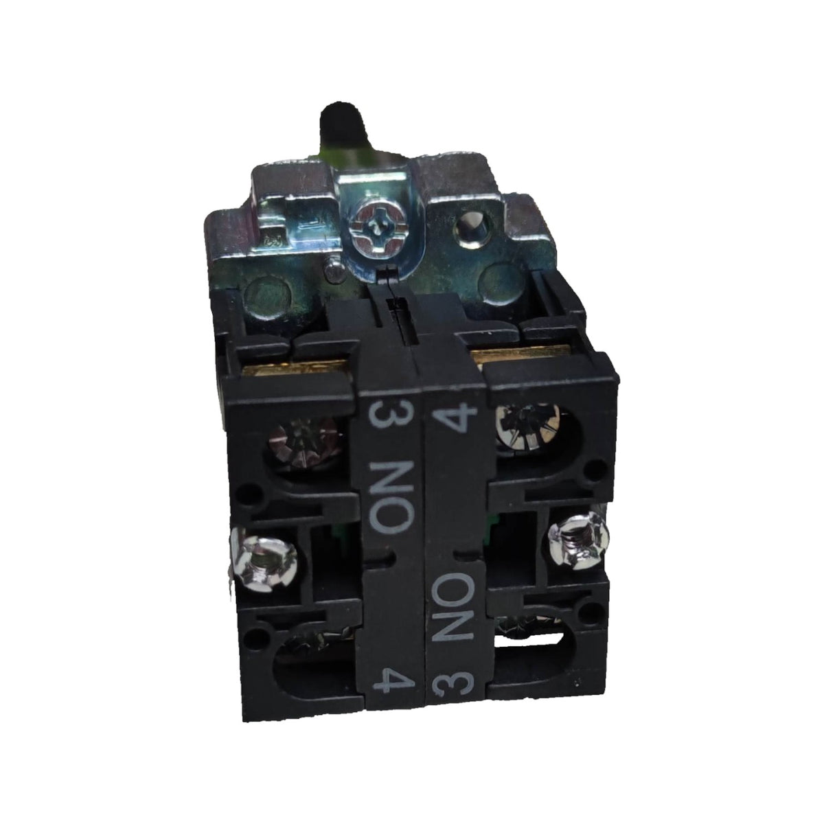 A black electrical contactor or relay component with silver metal terminals and printed white labels indicating terminal numbers 3, NO, and 4, shown on a plain white background.