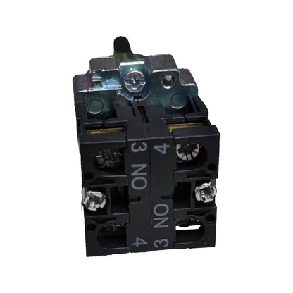 A black electrical contactor or relay component with silver metal terminals and printed white labels indicating terminal numbers 3, NO, and 4, shown on a plain white background.