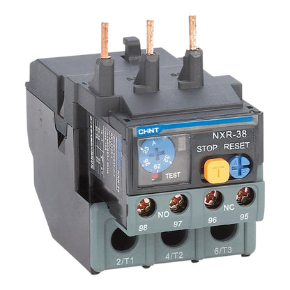 CHINT NXR-38 thermal overload relay with a dark gray plastic housing, a blue front label, copper-colored terminal posts, and a test button.