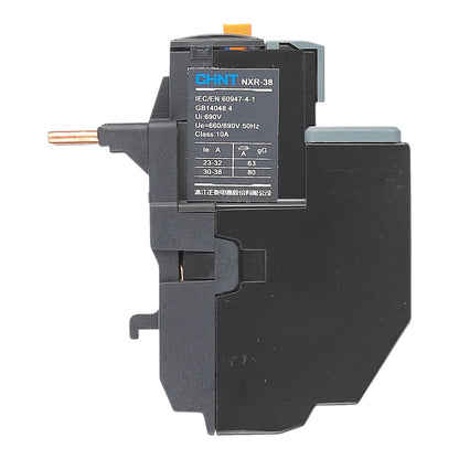 A CHINT NXR-38 industrial electrical contactor component, featuring a black plastic housing, a gray terminal cover, a copper-colored metal contact rod, and a black label with technical specifications.