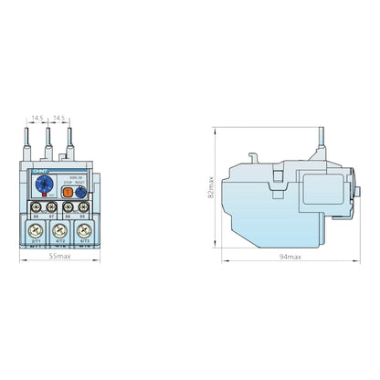 Technical dimension drawing of an electrical contactor, showing front and side profile views with measurements labeled 55max, 94max, 82max, and 145 plus 145.