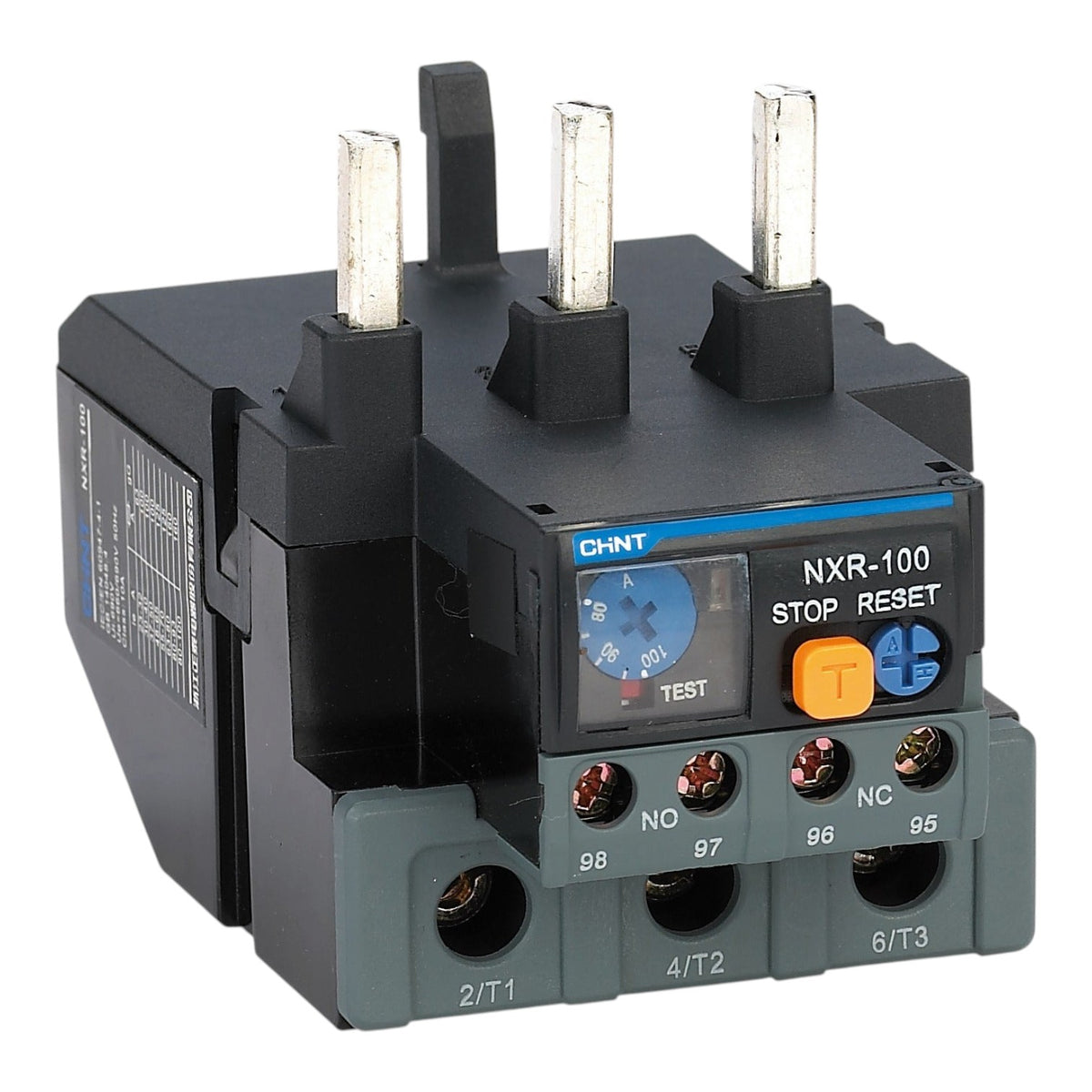 CHNT NXR-100 Stop Reset thermal overload protector with three terminal posts and a front display window, shown on a white background.