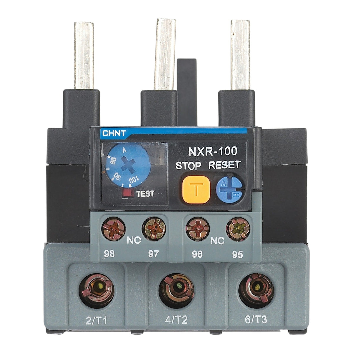 CHINT NXR-100 Stop Reset thermal overload protector with three terminal posts, a blue dial, and red/black terminal screws on a white background.