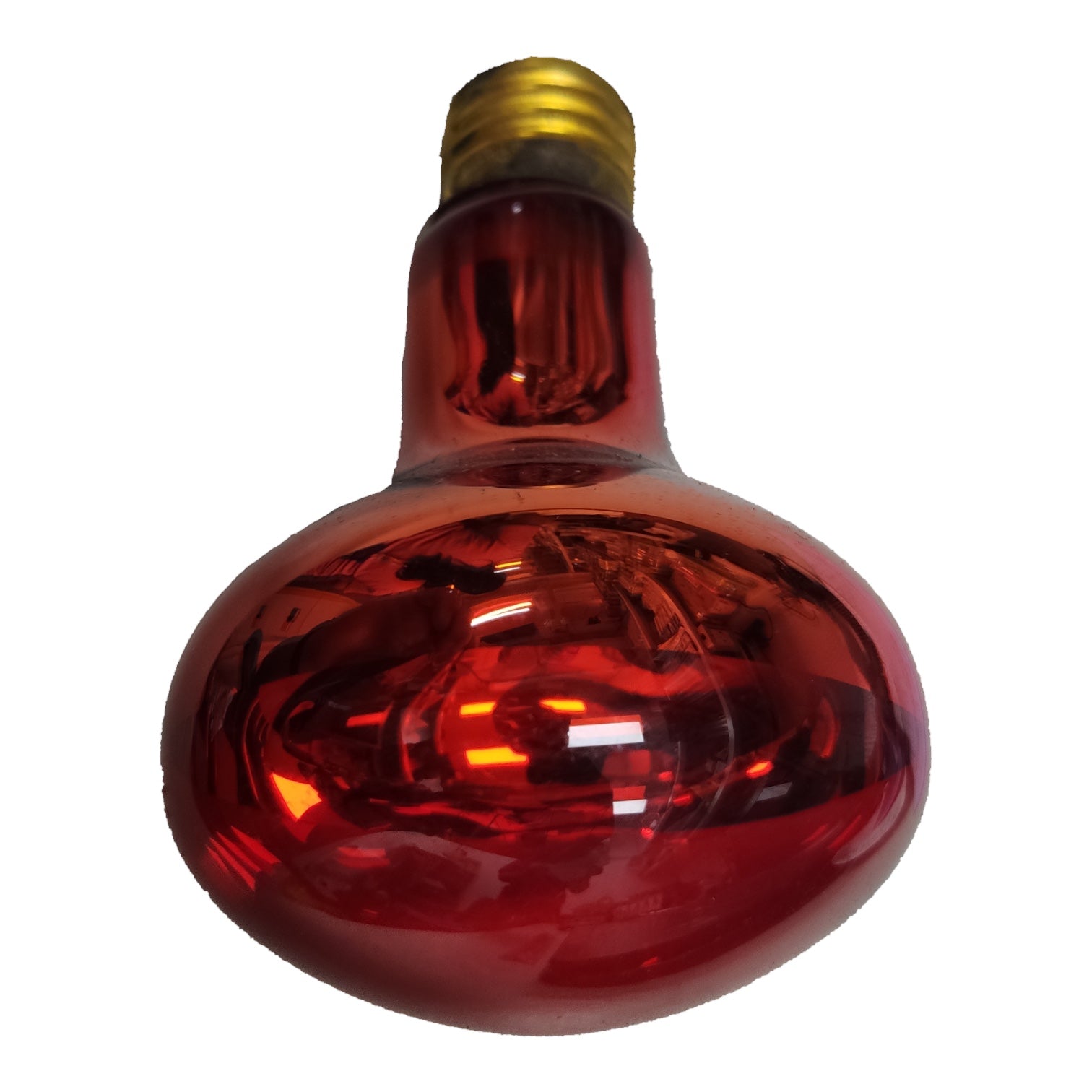 A single red glass light bulb with a gold screw base, isolated on a white background.