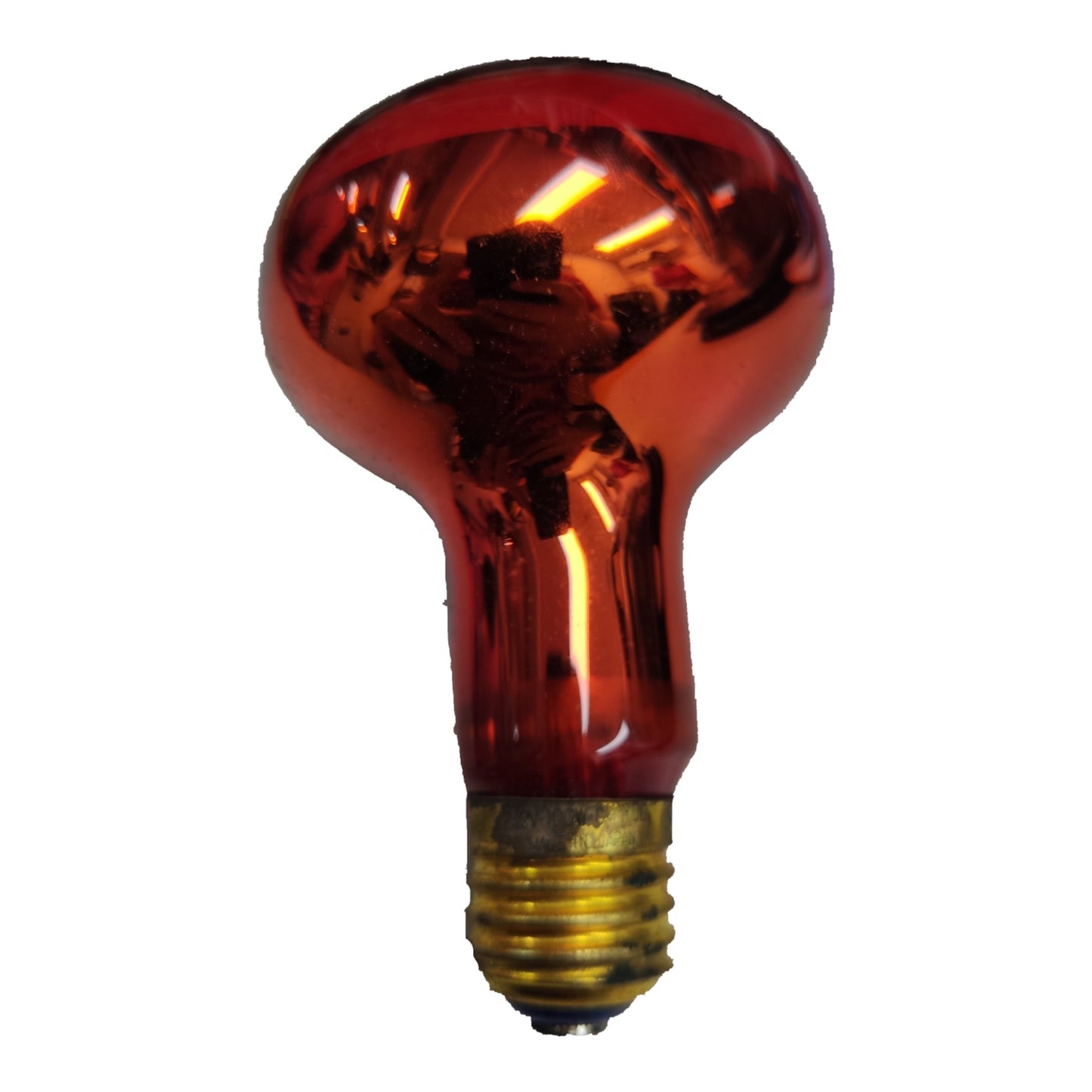 A red glass incandescent light bulb with a gold screw base, shown against a plain white background.