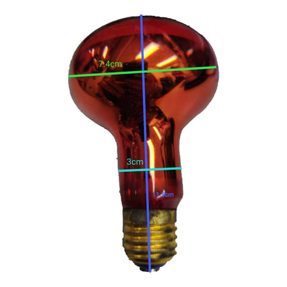 A red reflective incandescent light bulb with a brass screw base, overlaid with green, blue, and cyan measurement lines and text showing dimensions of 7.4cm, 3cm, and 1.