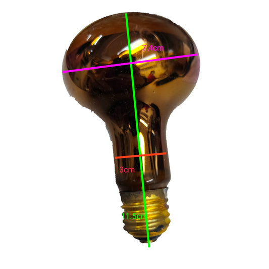 A single amber glass light bulb on a plain white background with overlaid measurement lines and labels showing dimensions in centimeters.