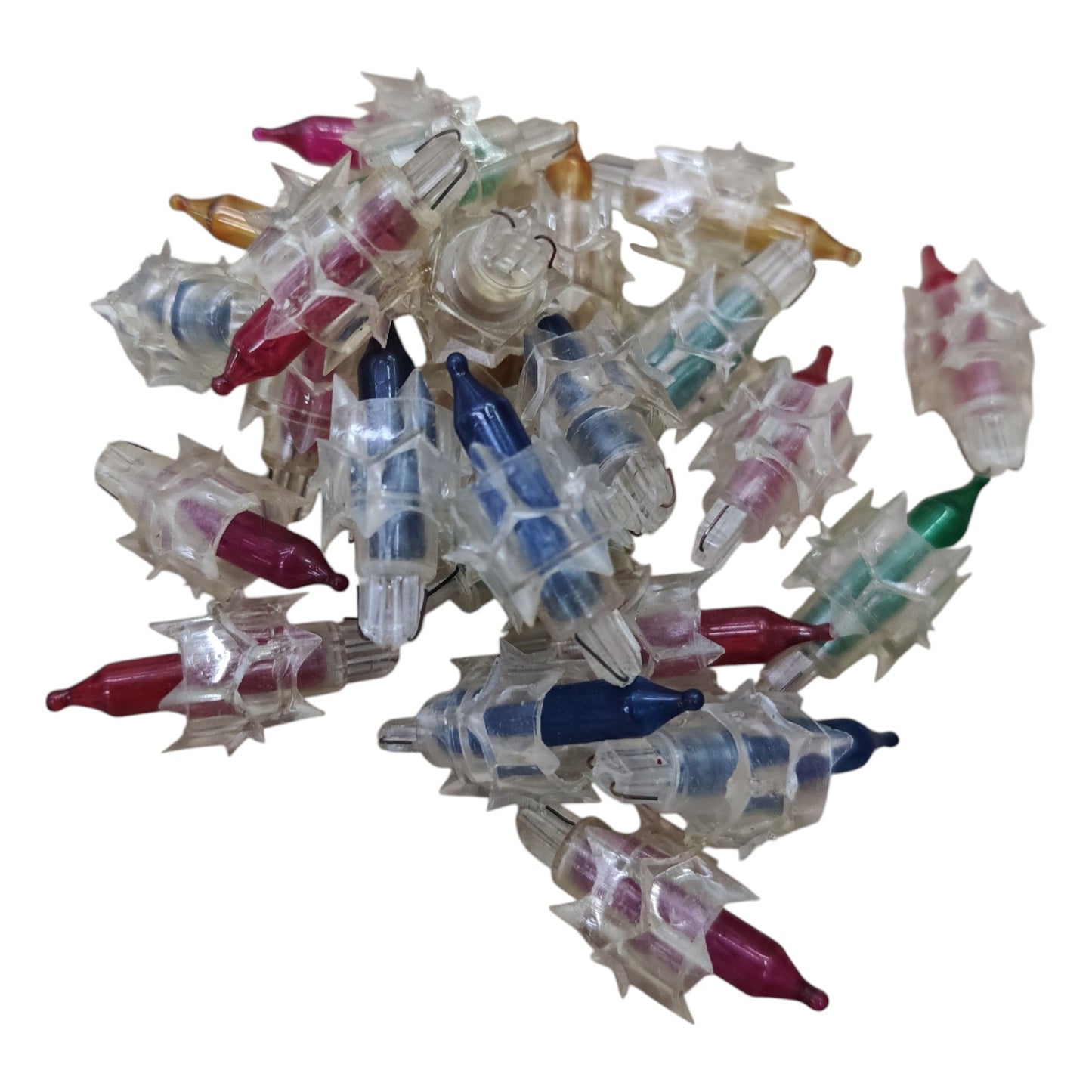 Cluster of colorful Christmas lights on a white background