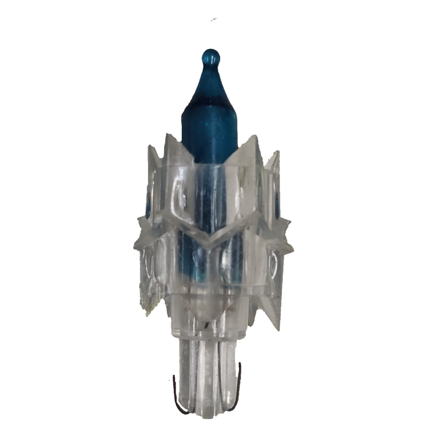 Clear fishing lure with blue top on a white background