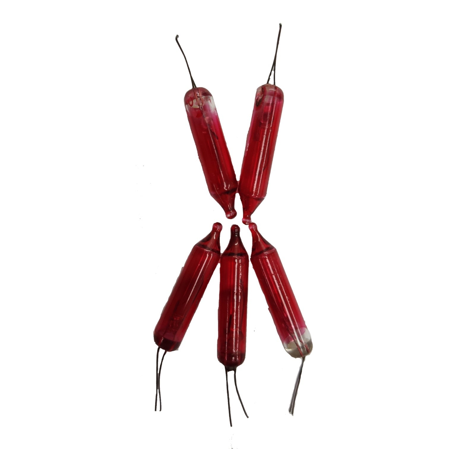 Red cylindrical objects with black wires on a white background