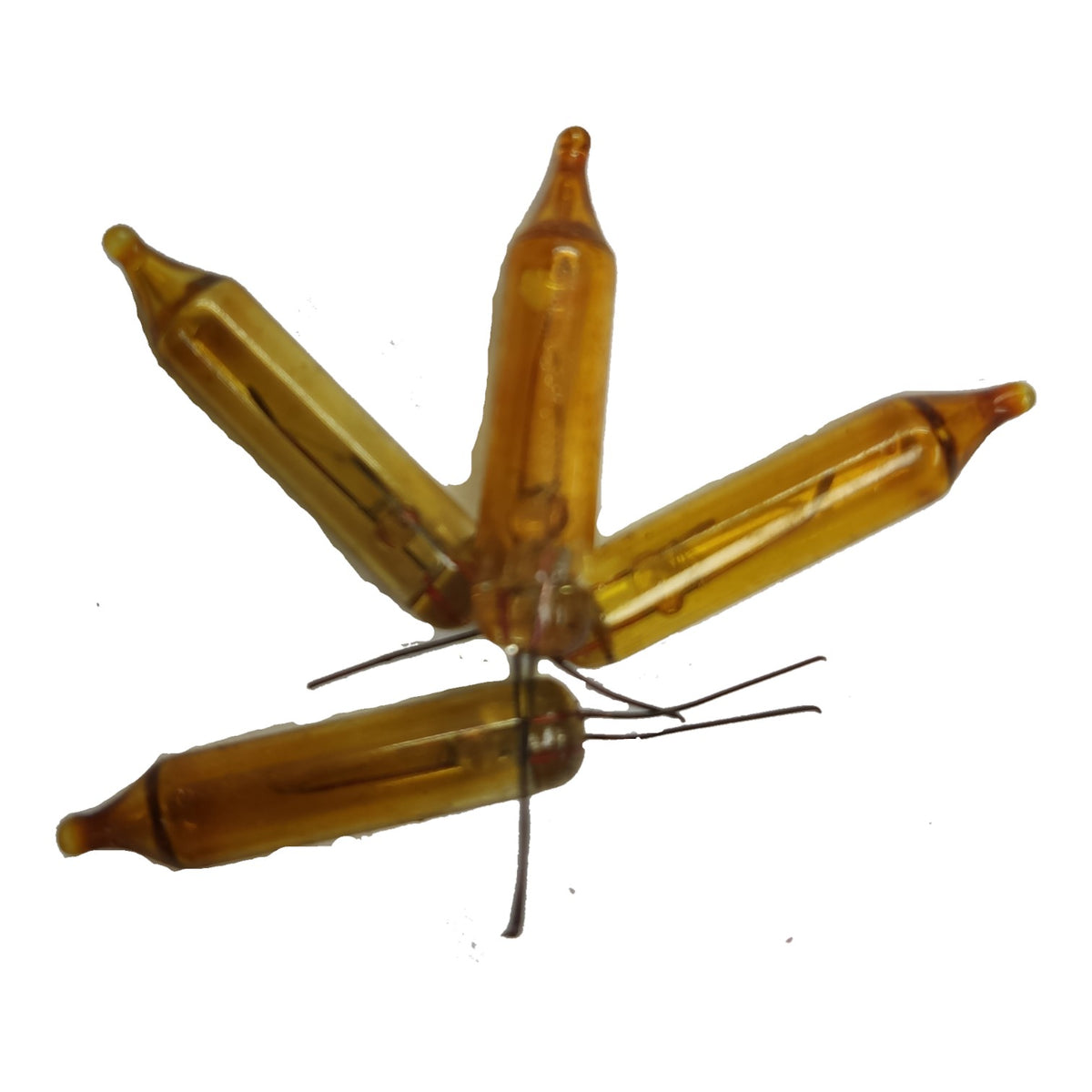 Transparent amber-colored butterfly with metallic sheen on a white background