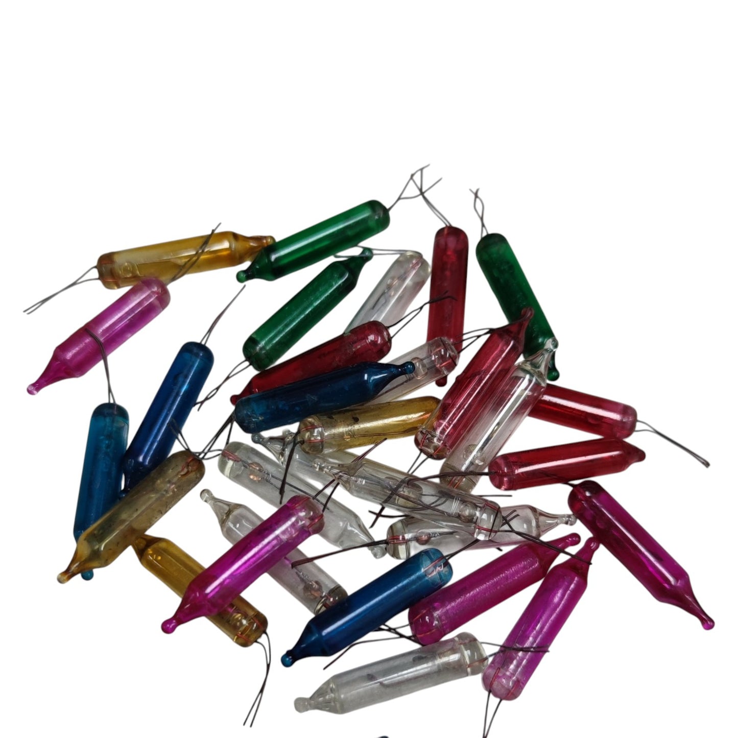 Colorful glass bottles with wires on a white background