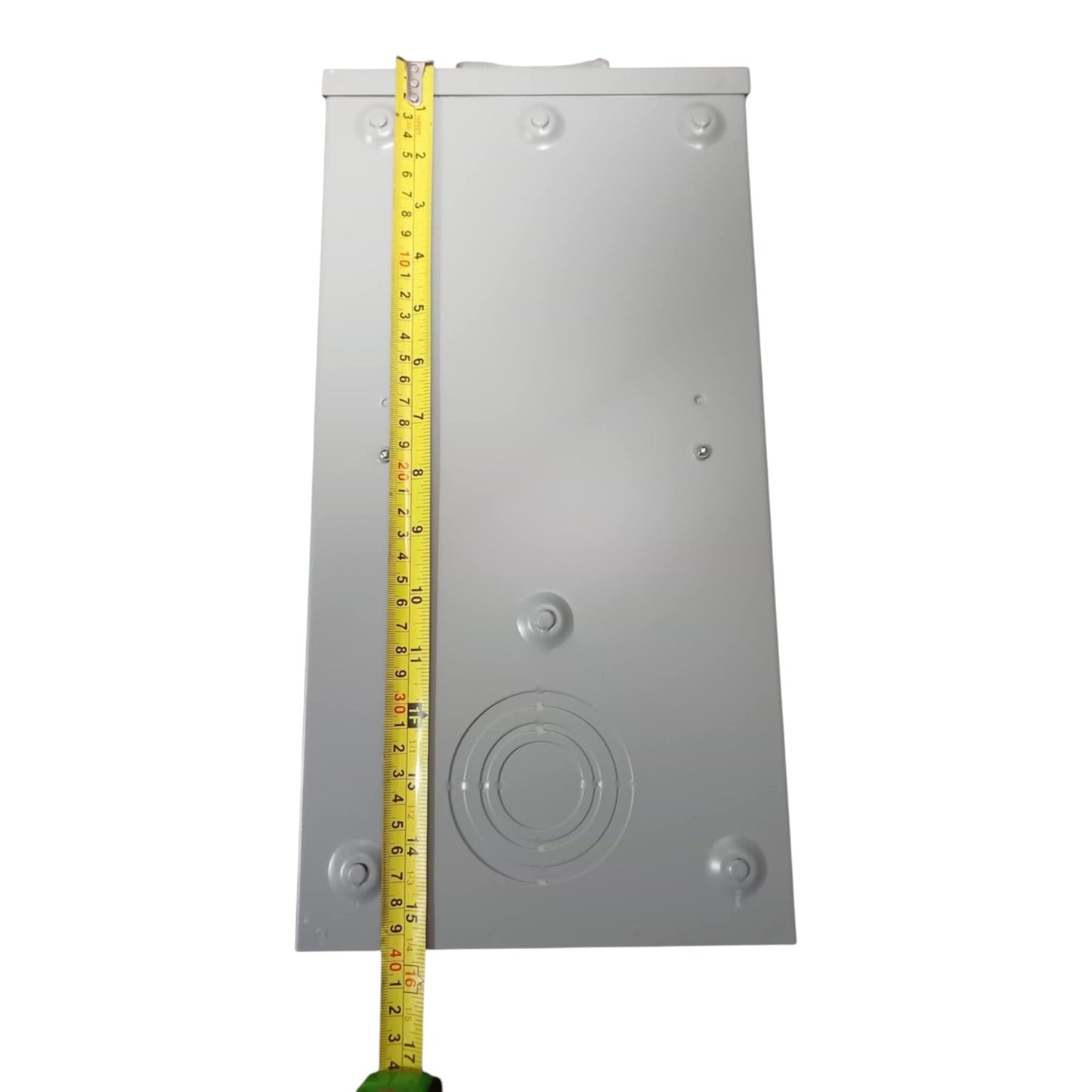 Gray metal box with a yellow measuring tape indicating its dimensions on a white background