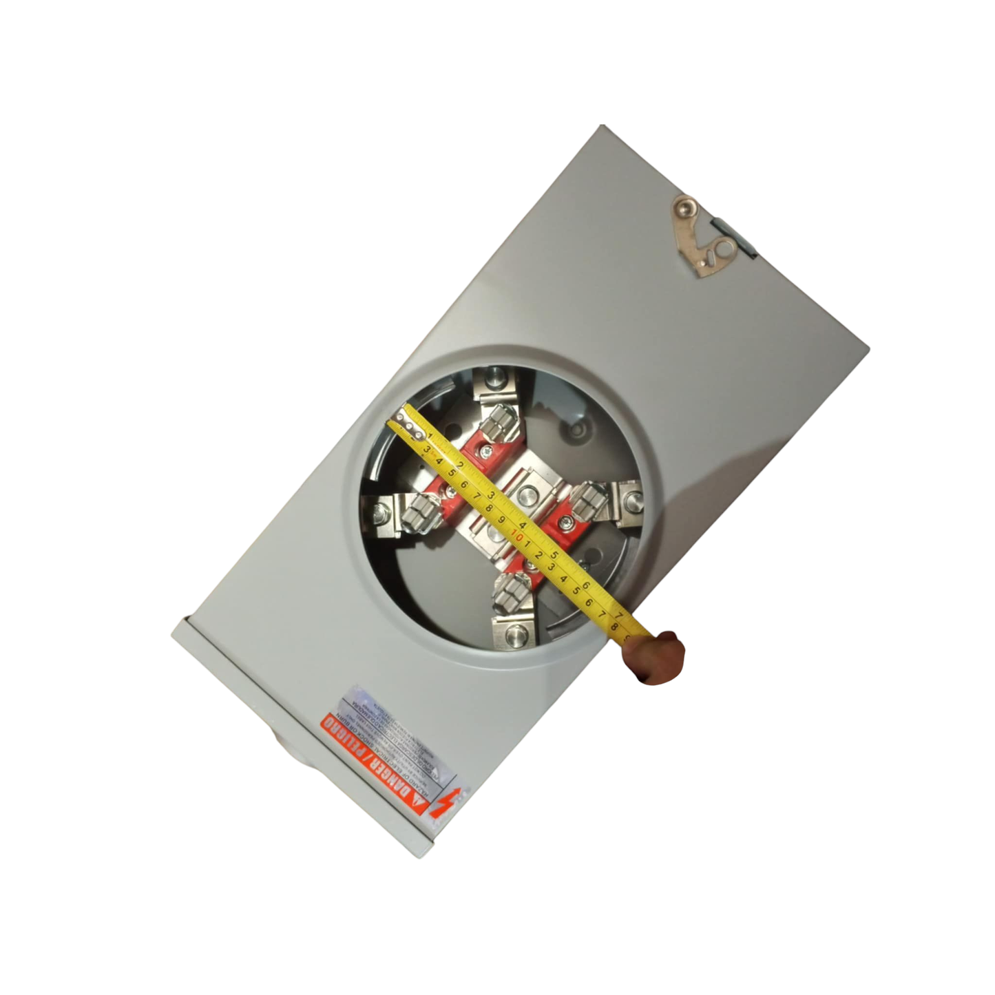 Electrical panel with a tape measure for scale on a white background