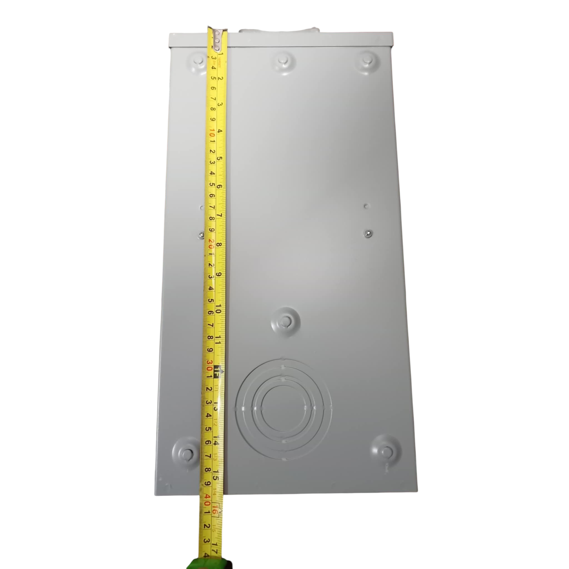 Rectangular metal box with a yellow measuring tape on a white background