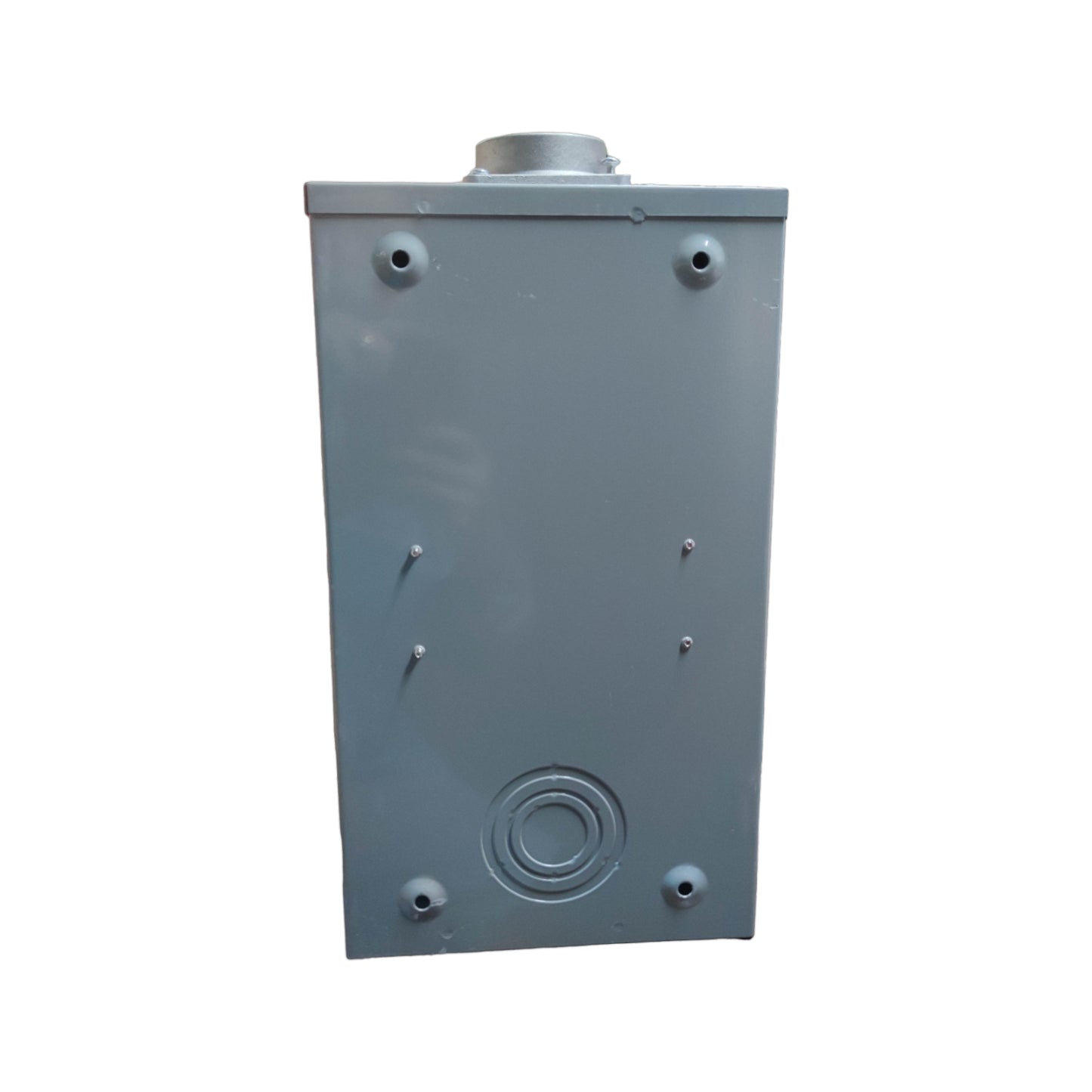 Metallic rectangular box with circular component on a white background
