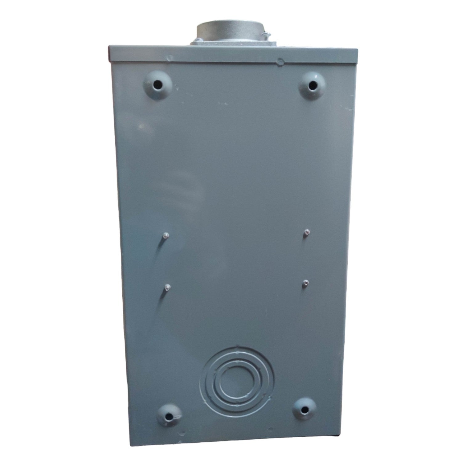 Rectangular metal box with circular ports on a white background