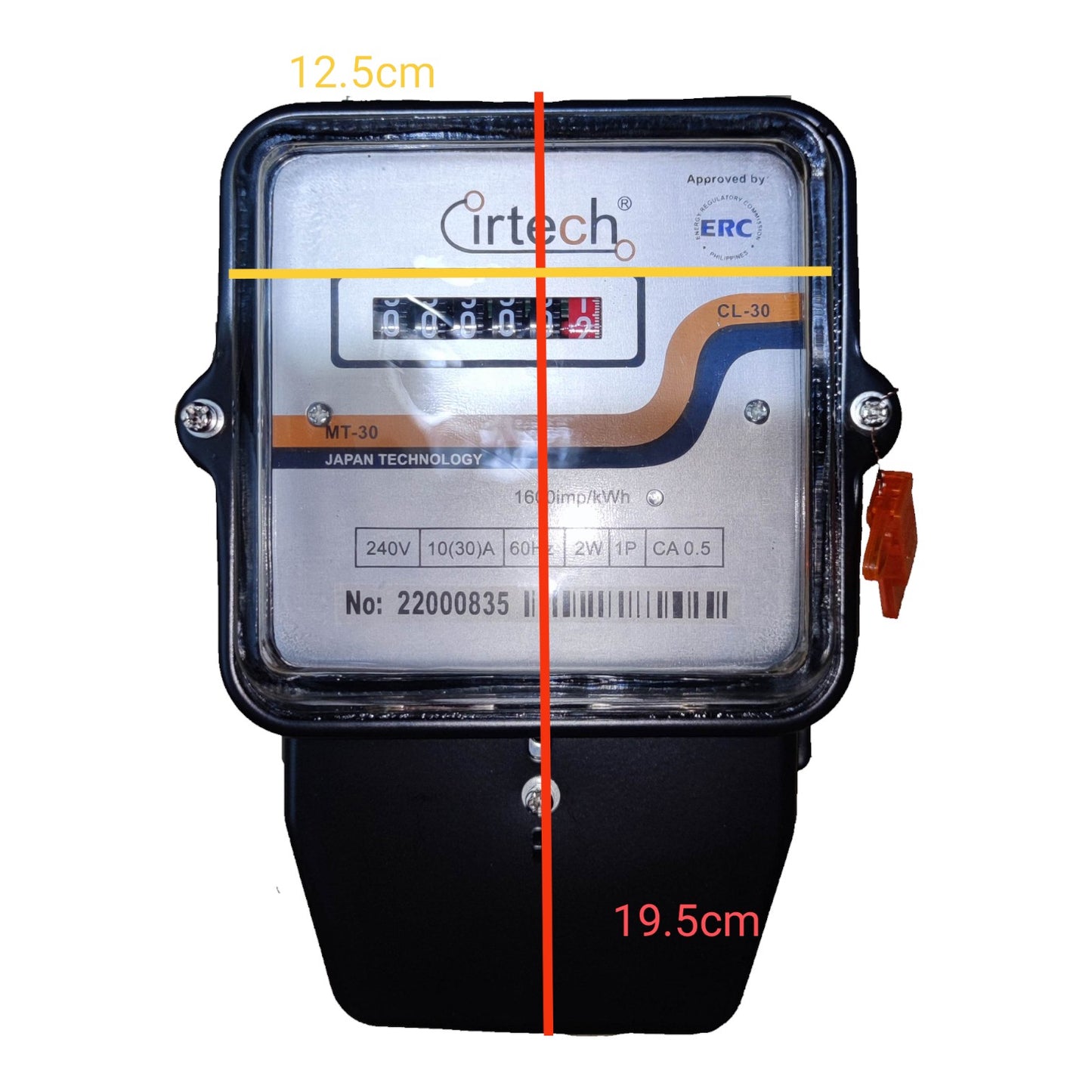 Measurement chart showing dimensions of a device with Curtech branding on a white background Cirtech KWH Meter 10(30A) 2W Single Phase, Submeter 2 Wire Single Phase Analog Electx Electrical Supply