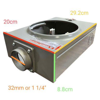 Measurement chart of a small appliance with dimensions labeled.