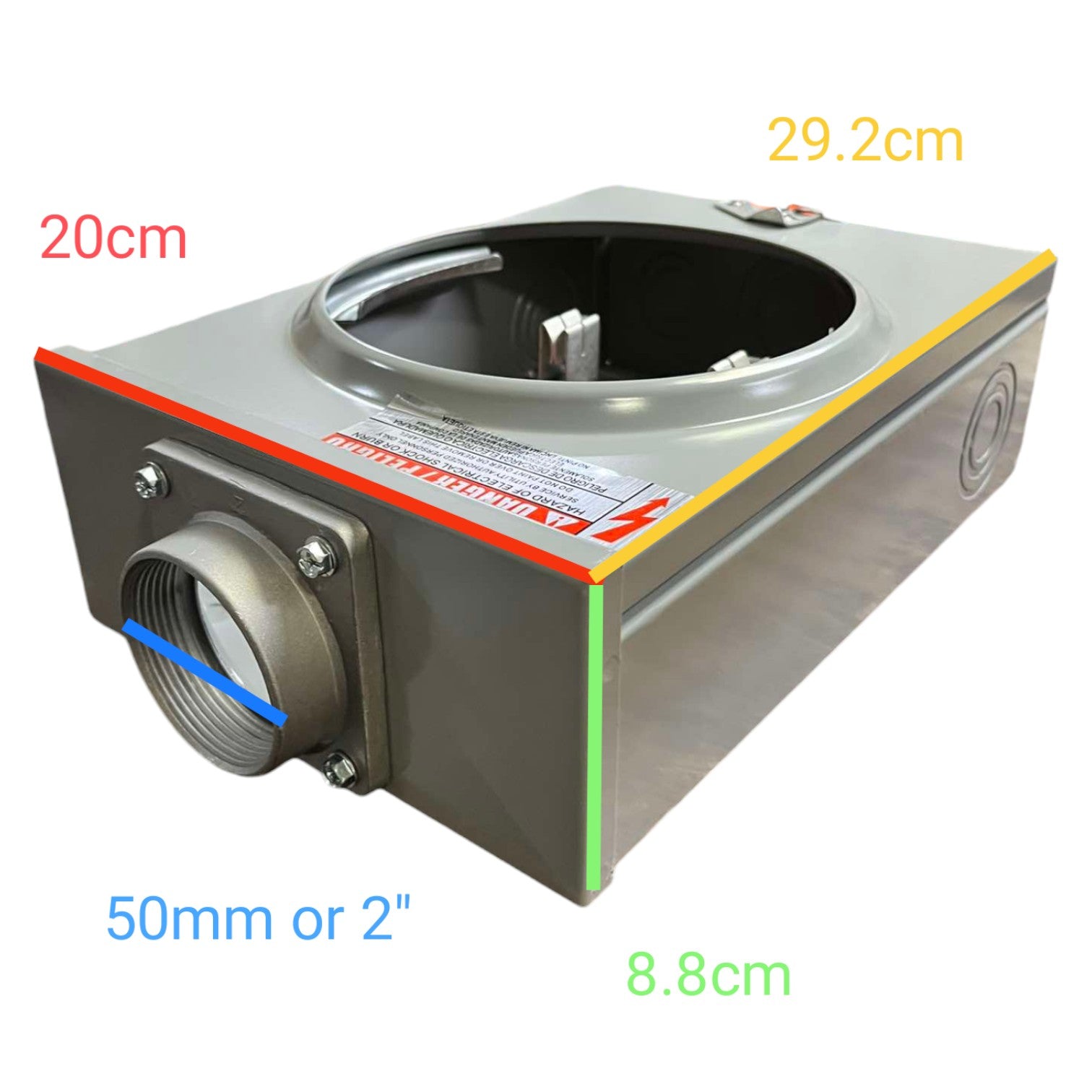 Measurement chart of a metal component with dimensions labeled on a white background
