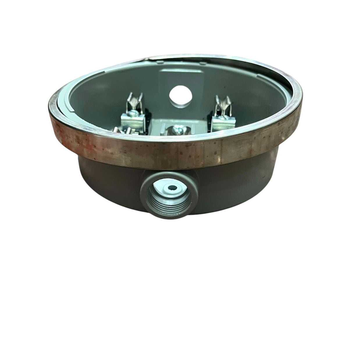 Round metal component with connectors on a white background Citrtech Round Meter Base 3/4 Inch Electrical Meter Base, KWH Meter Base Electx Electrical Supply