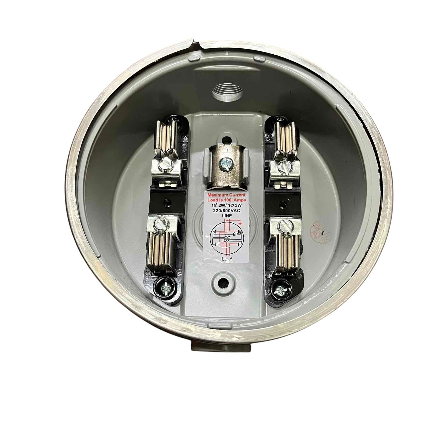 Electrical junction box with wiring on a white background Citrtech Round Meter Base 3/4 Inch Electrical Meter Base, KWH Meter Base Electx Electrical Supply