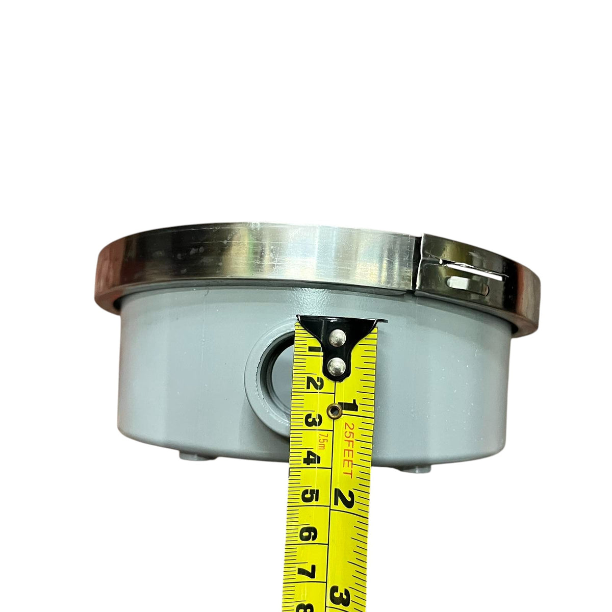 Metallic component with a measuring tape for scale on a white background Citrtech Round Meter Base 3/4 Inch Electrical Meter Base, KWH Meter Base Electx Electrical Supply