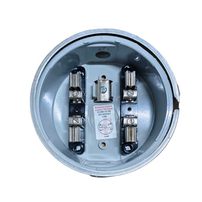 Electrical junction box with wiring on a white background Citrtech Round Meter Base 3/4 Inch Electrical Meter Base, KWH Meter Base Electx Electrical Supply