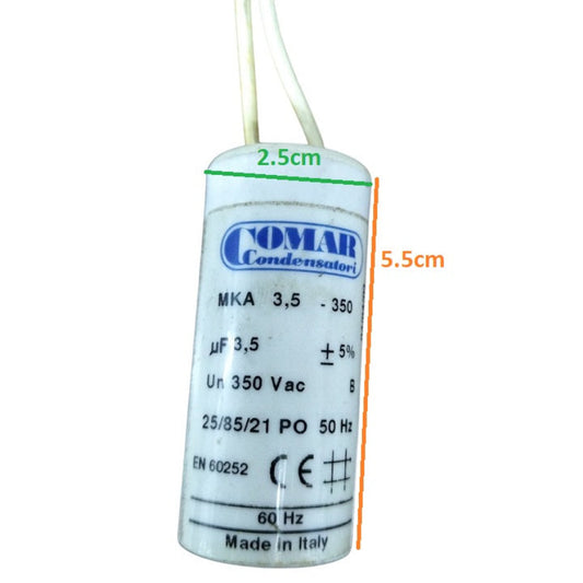 Comar Motor Running Capacitor 350V AC, 3.5uF with dimensions of 2.5cm by 5.5cm for electrical applications