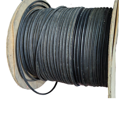 A large spool of thick black cable or wire wound tightly on a wooden reel, photographed against a plain white background.