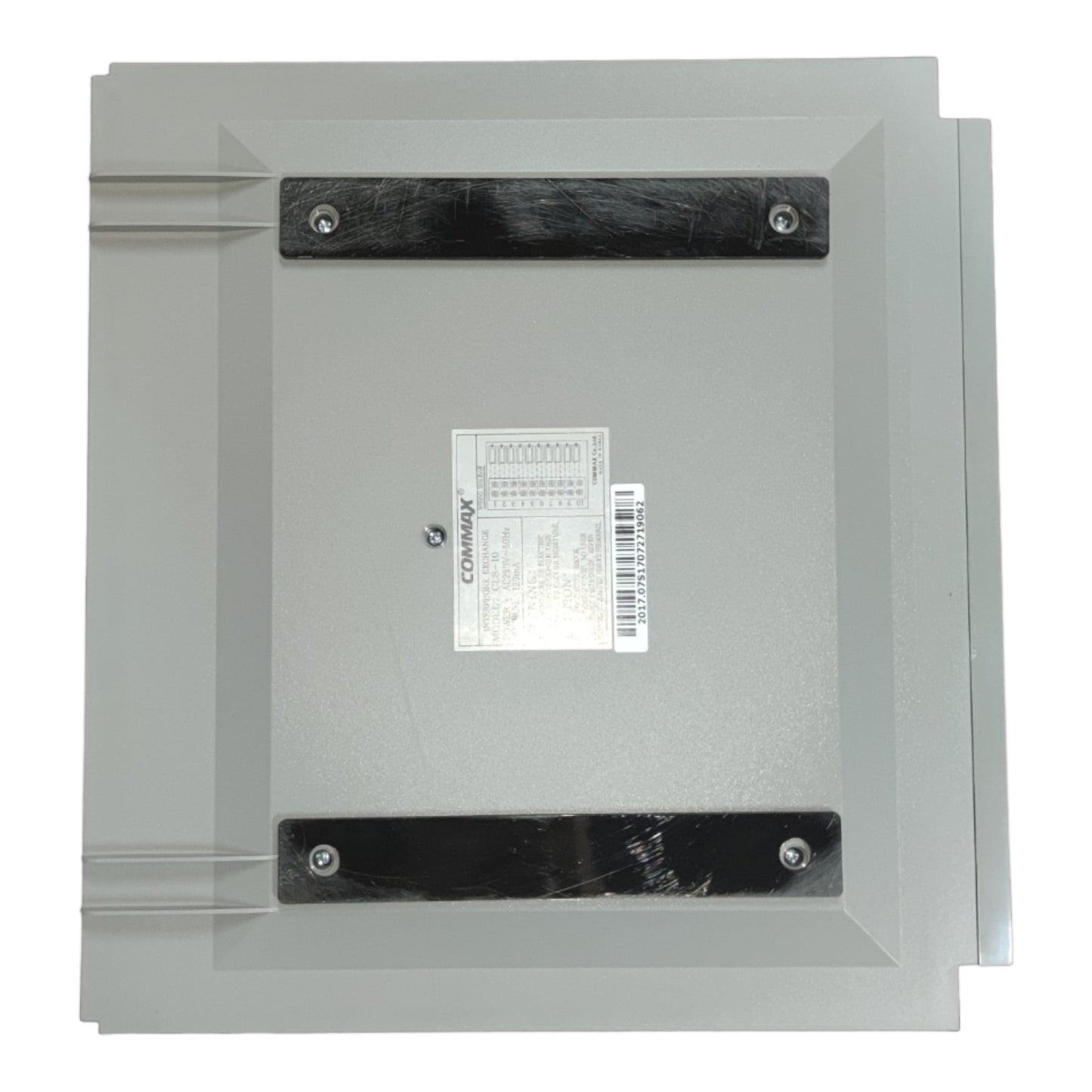 Metal electrical panel with a label on a white background