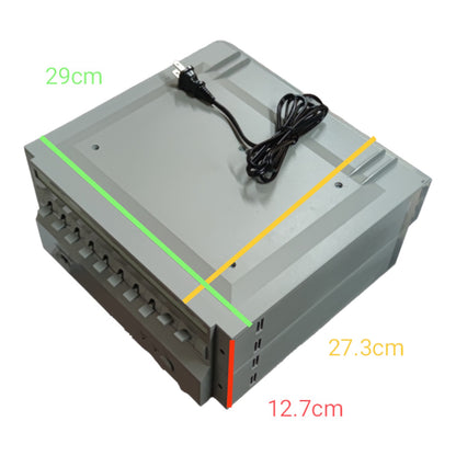 Gray electronic device with measurements and a cable on a white background