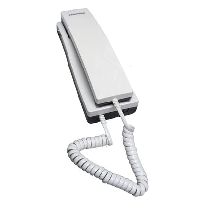 White phone with coiled cord on a white background Commax 20 Station Intercom System CLS-10 Expandable With Handset T06 with Expand Unit CLS-10T(L) and 20pcs Sub-Station  1pc CLS-10 + 1pc CLS-10T(L) + 20pcs TP-S + 1pc T06 ELectx ELectrical SUpply