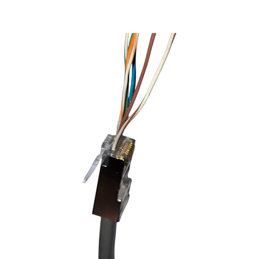 A close-up of an RJ45 Ethernet connector with multicolored internal wires visible, on a plain white background.