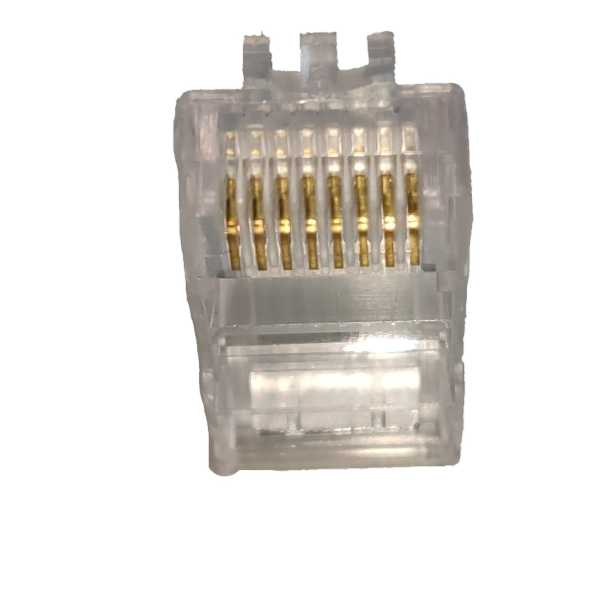 A RJ45 Ethernet connector with gold-plated pins visible through a clear plastic housing, isolated on a white background.